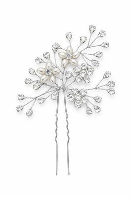 Horquilla Floral en Plata con Cristales y Perlitas