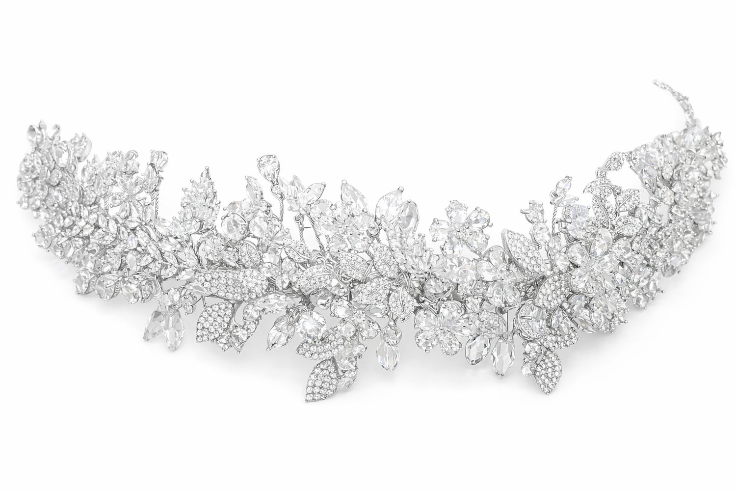 Backpiece de Novia en Plata y Rodio con Cristales en Diseño Botánico