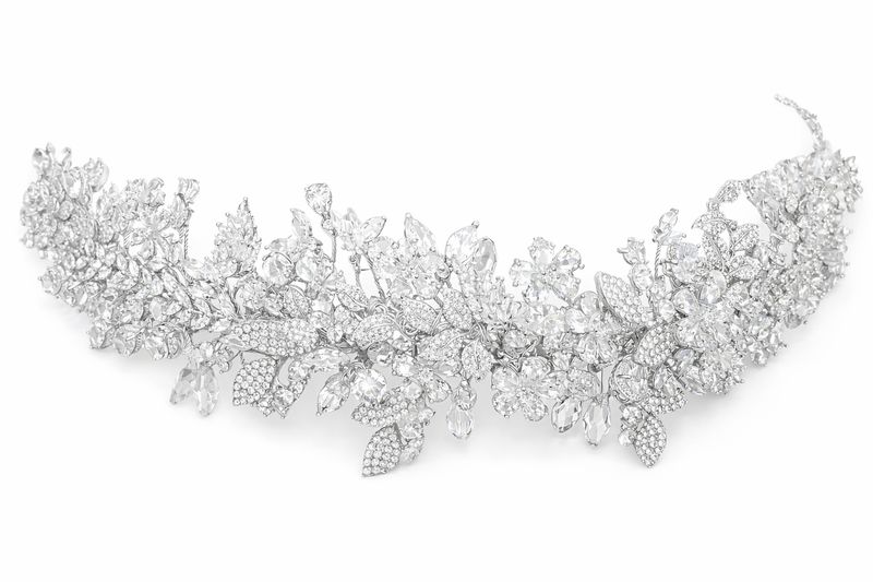 Backpiece de Novia en Plata y Rodio con Cristales en Diseño Botánico