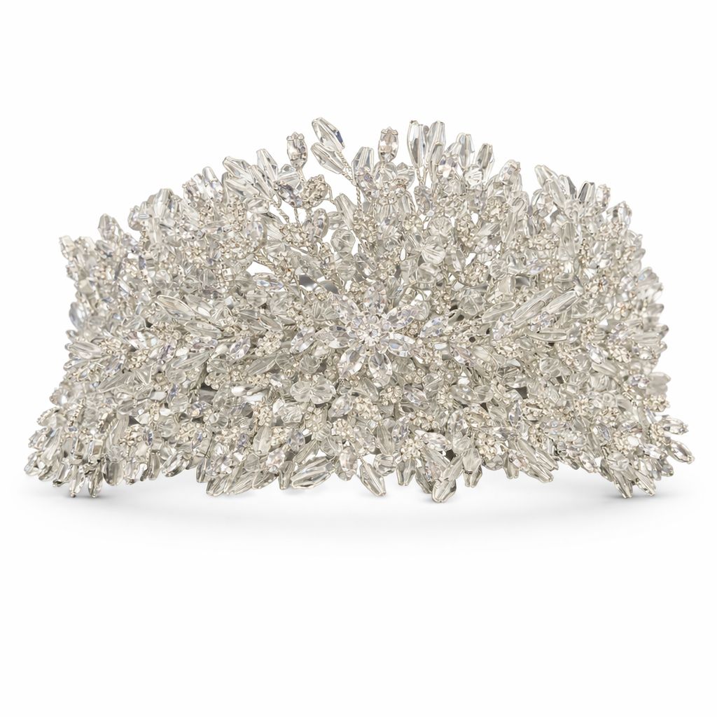 Tocado de Novia Estilo Libanés en Rodio con Cristales y Canutillos