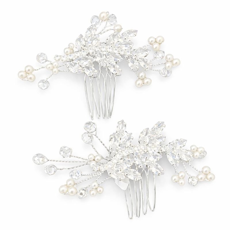 Set de Peinetas Florales en Plata con Cristales y Perlas