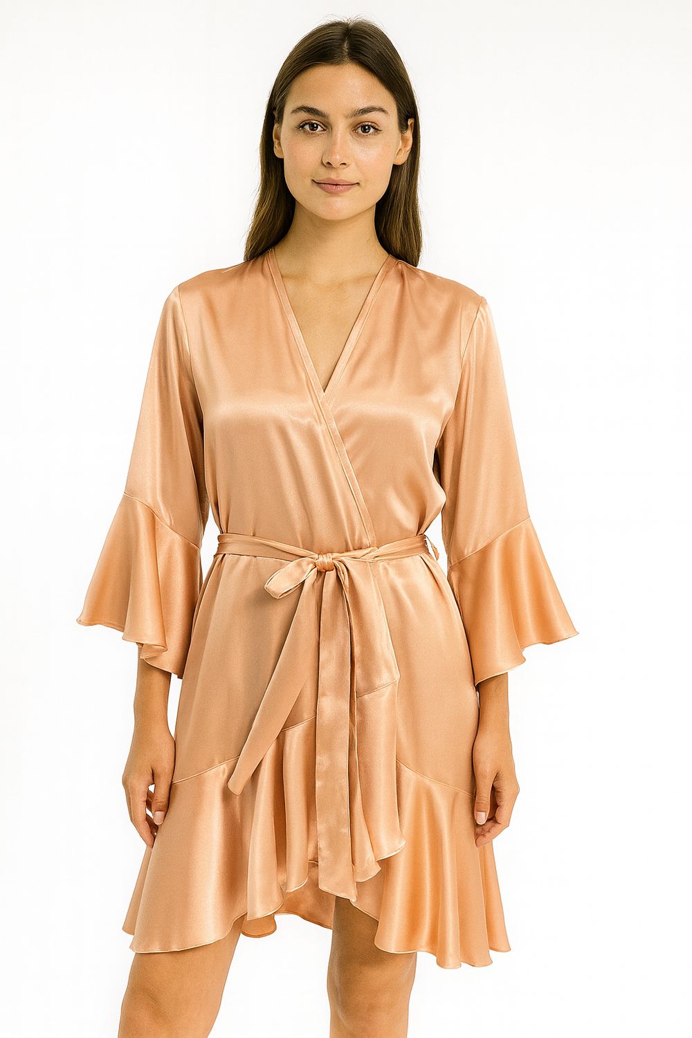 Bata de Satín Dorado con Vuelos para Novia y Damas de Honor