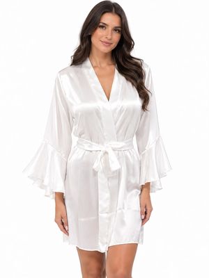 WHITE SATIN ROBE WITH ELEGANT RUFFLES