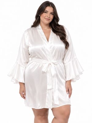 WHITE SATIN ROBE WITH ELEGANT RUFFLES