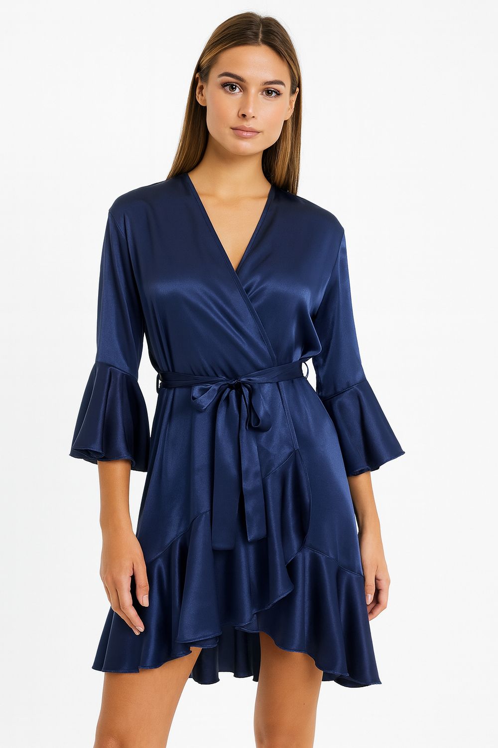 Bata de Seda Azul Marino con Vuelos