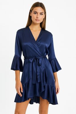 Bata de Seda Azul Marino con Vuelos