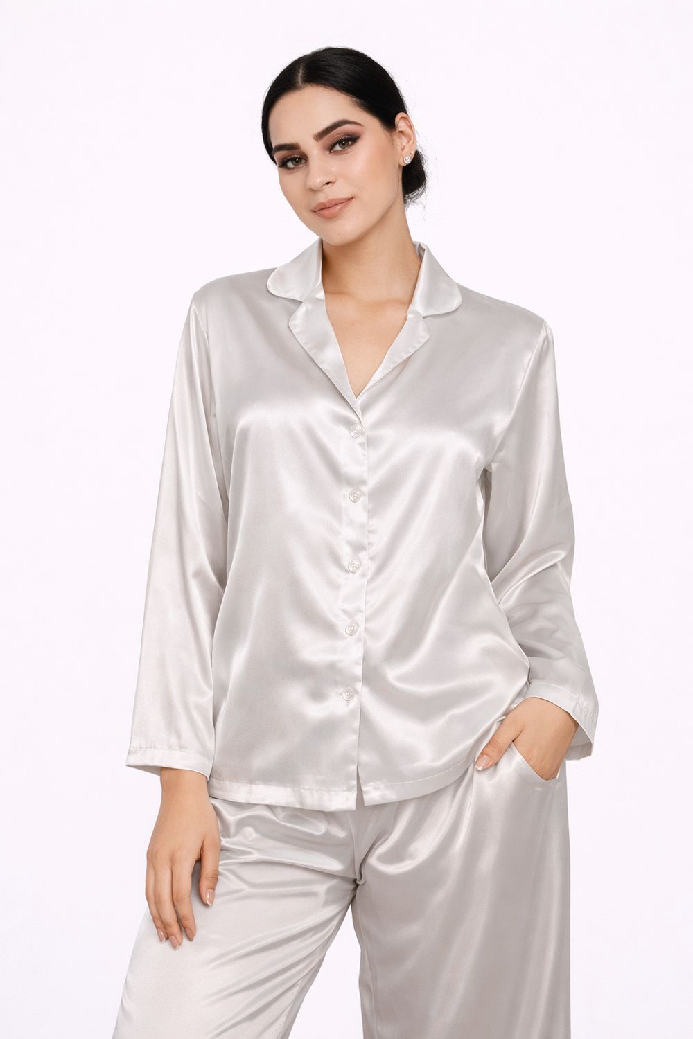 Pijama de Seda Blanco de Manga Larga y Pantalón Largo