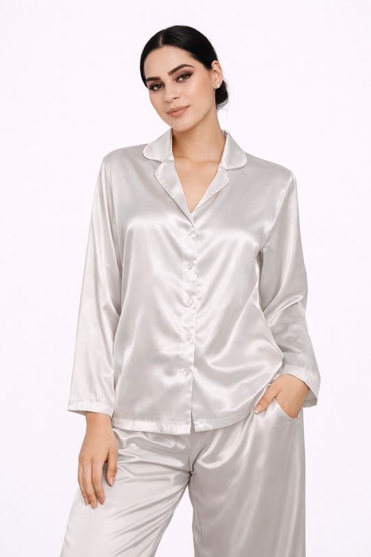 Pijama de Satin Blanco de Manga Larga y Pantalón Largo