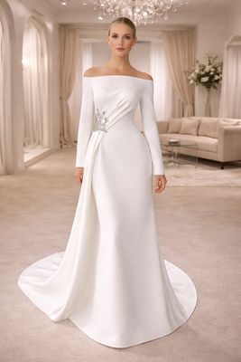 Vestido de Novia Corte Recto con Escote Bandeja, Mangas Largas y Abertura en Pierna