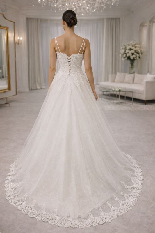 Vestido de Novia Corte A de Encaje Clásico con Tiras Dobles y Espalda Corsé