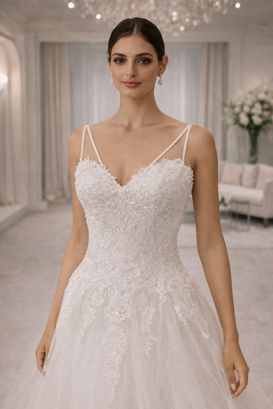 Vestido de Novia Corte A de Encaje Clásico con Tiras Dobles y Espalda Corsé