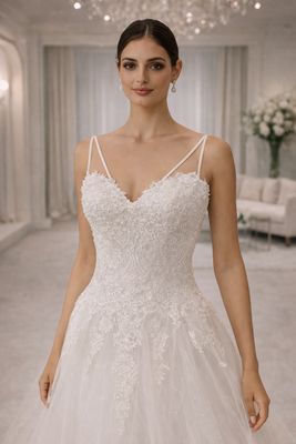 Vestido de Novia Corte A de Encaje Clásico con Tiras Dobles y Espalda Corsé