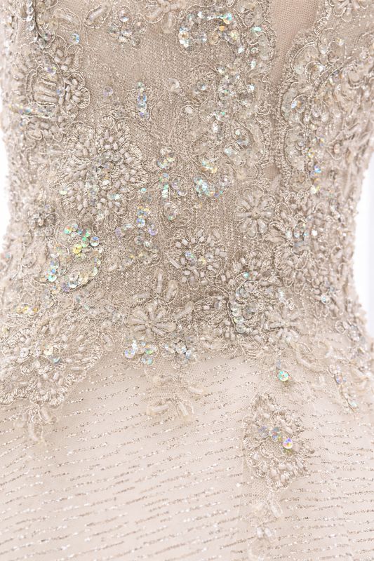 Vestido de Novia Corte A en Tul Blanco con Encaje Floral y Lentejuelas