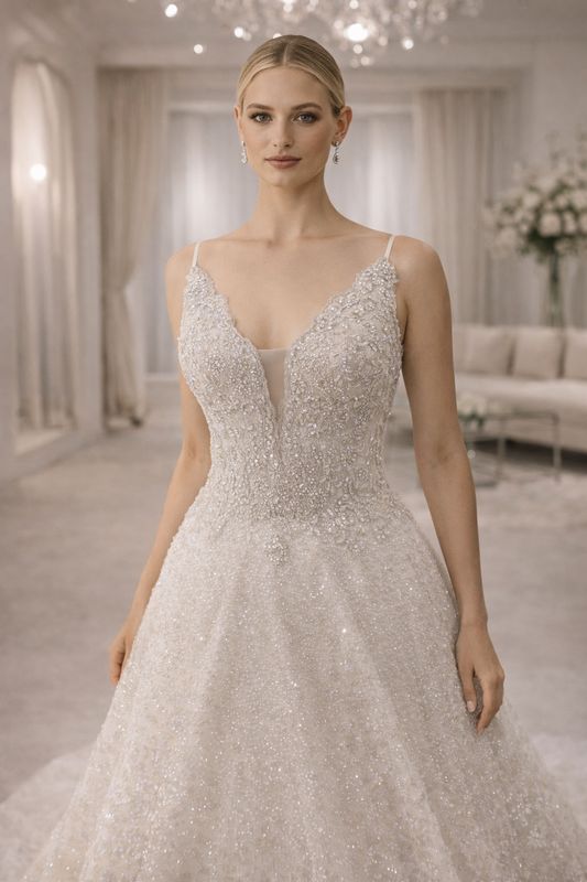 Vestido de Novia Corte A en Tul Blanco con Encaje Floral y Lentejuelas