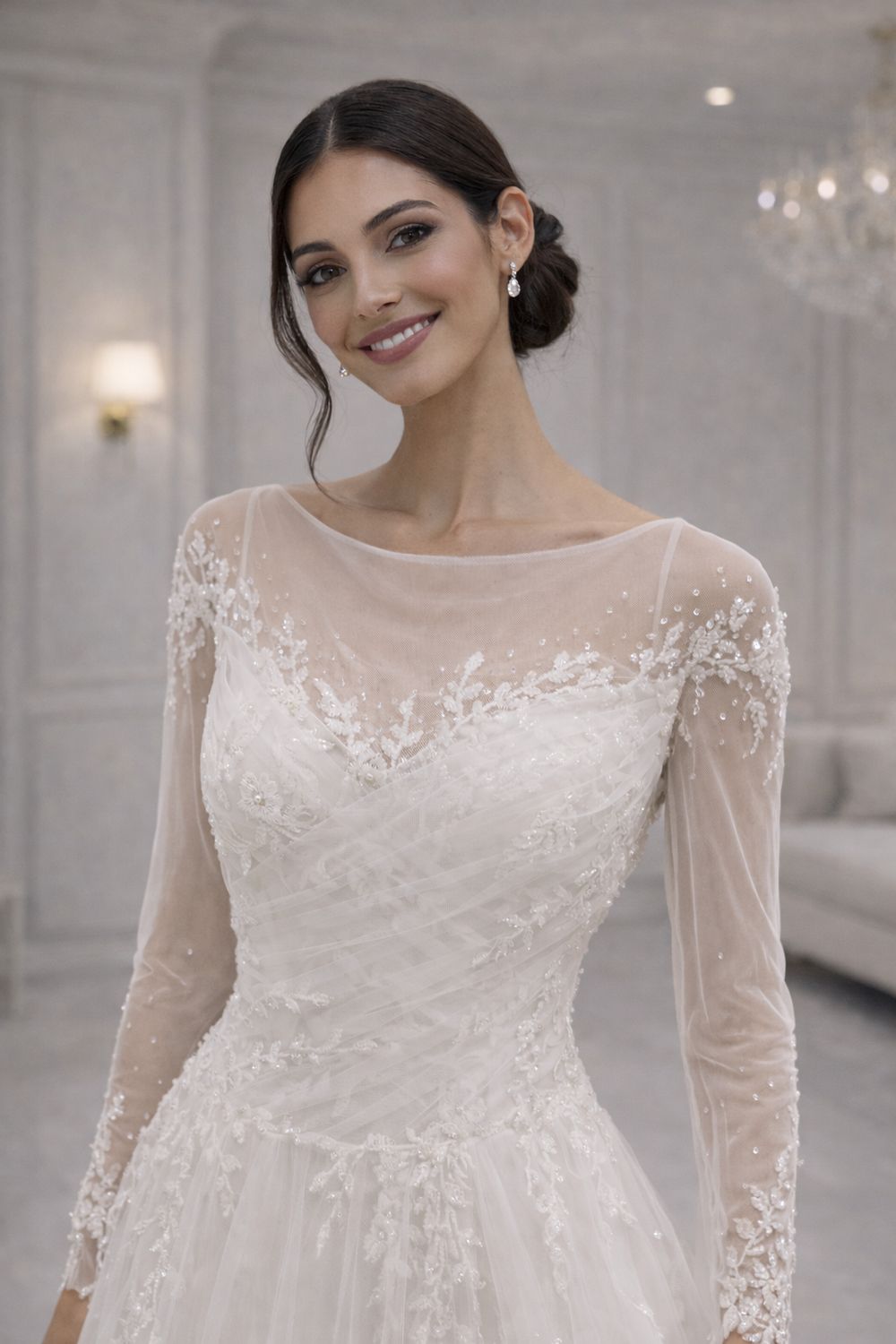 Vestido de Novia Corte A con Mangas, Encaje Tipo Espigas y Falda de Tul