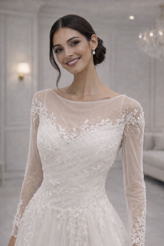 Vestido de Novia Corte A con Mangas, Encaje Tipo Espigas y Falda de Tul