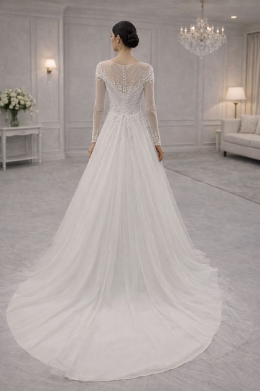 Vestido de Novia Corte A con Mangas, Encaje Tipo Espigas y Falda de Tul