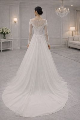 Vestido de Novia Corte A con Mangas, Encaje Tipo Espigas y Falda de Tul