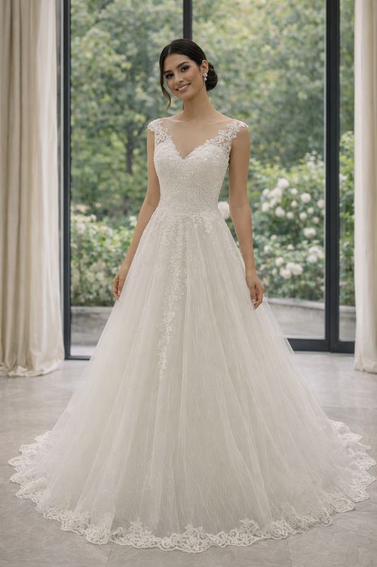 Vestido de Novia Corte A con Tul en Hombros, Escote con Ilusión y Espalda en V con Corsé