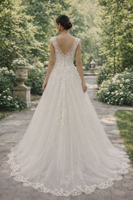 Vestido de Novia Corte A con Tul en Hombros, Escote con Ilusión y Espalda en V con Corsé