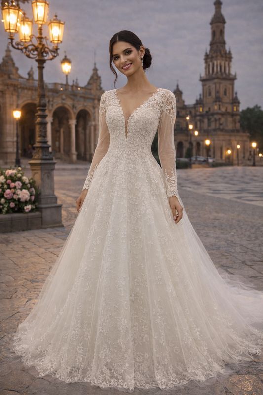 Vestido de Novia Corte A con Mangas Largas, Escote en V Profundo y Flores 3D