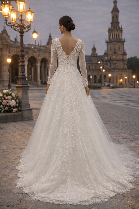 Vestido de Novia Corte A con Mangas Largas, Escote en V Profundo y Flores 3D