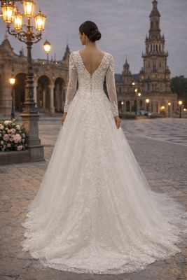 Vestido de Novia Corte A con Mangas Largas, Escote en V Profundo y Flores 3D