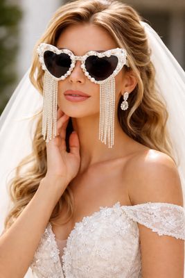 Gafas de Novia Corazón con Perlas y Flecos de Cristal