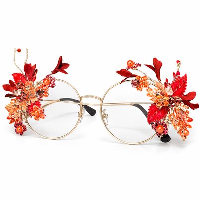 Lentes Decorativas Doradas con Flores Rojas y Cristales