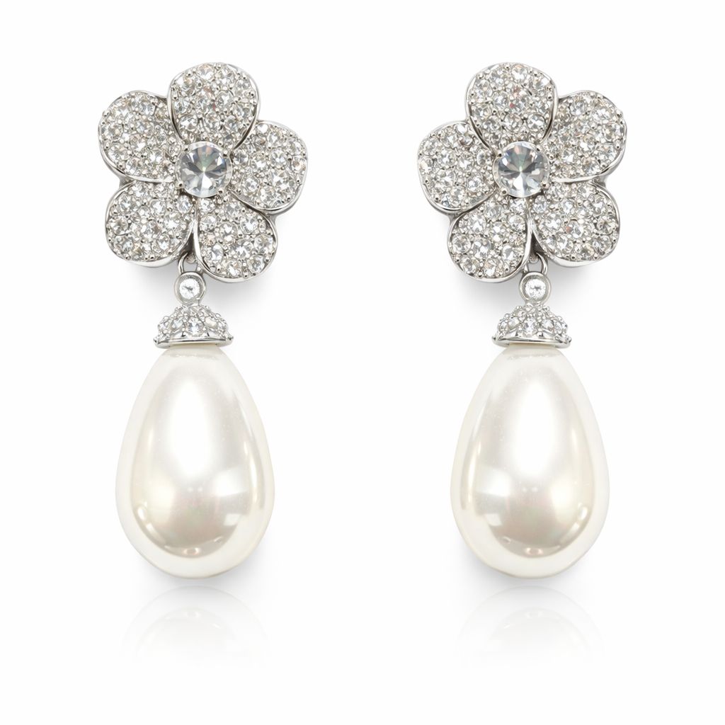 Aretes de Plata con Flor de Cristales y Perla en Gota