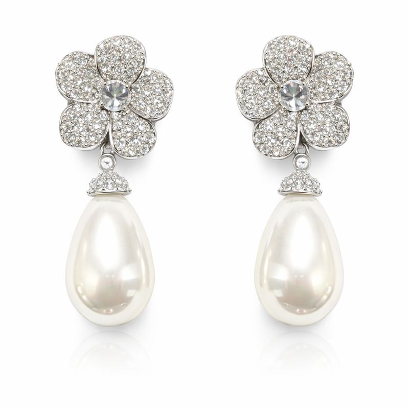 Aretes de Plata con Flor de Cristales y Perla en Gota