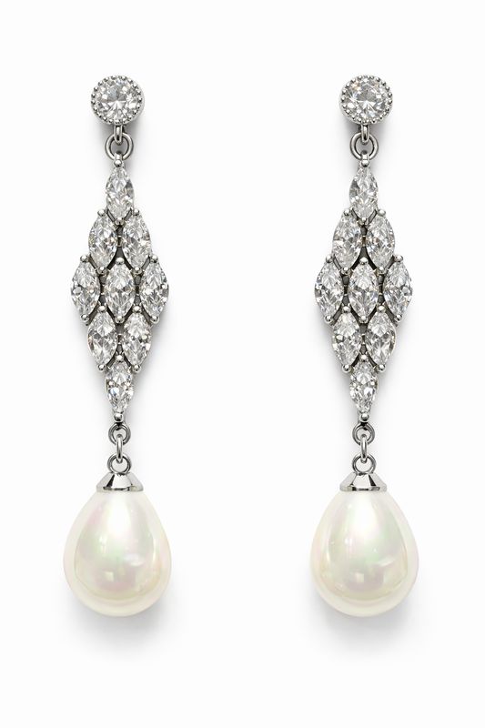 Aretes Largos con Cristales Marquise y Perla Gota