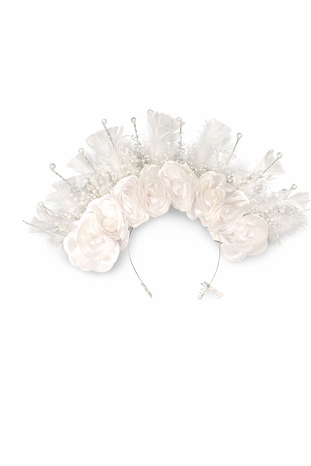 Vincha de Novia XL con Flores Blancas, Plumas y Perlas