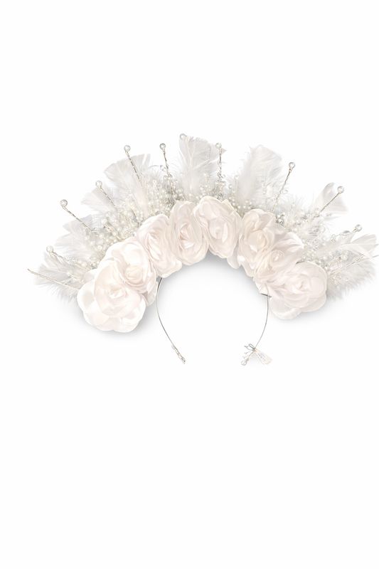 Vincha de Novia XL con Flores Blancas, Plumas y Perlas