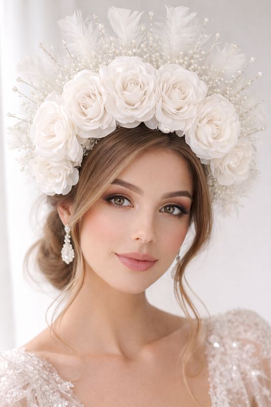 Vincha de Novia XL con Flores Blancas, Plumas y Perlas