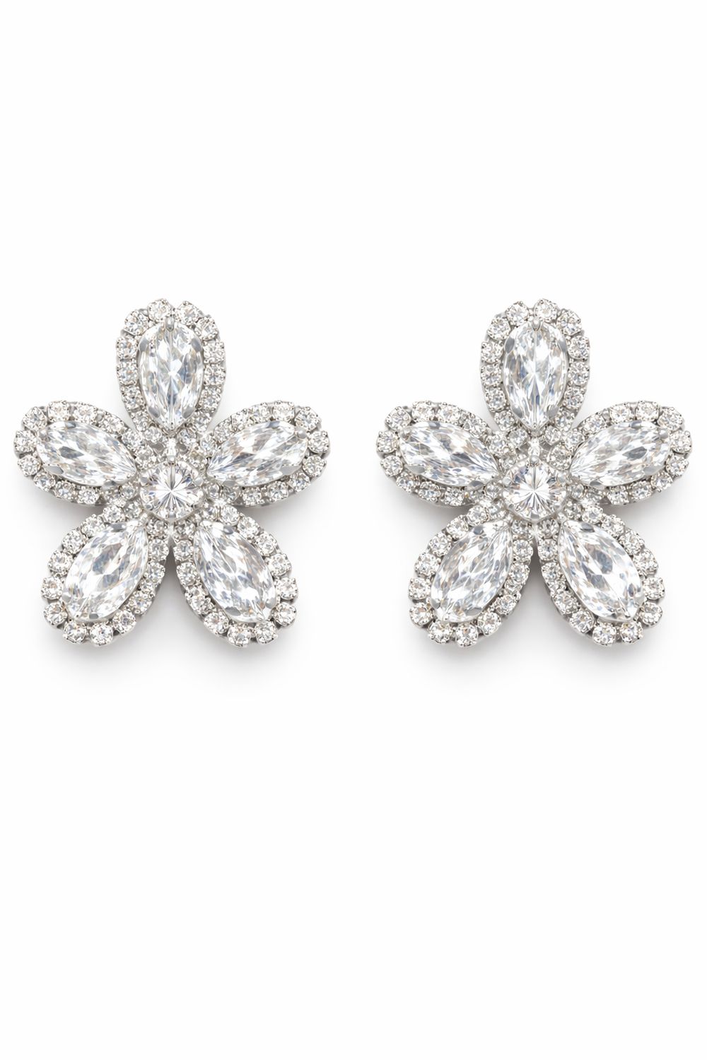 Aretes Flor Plateados con Cristales