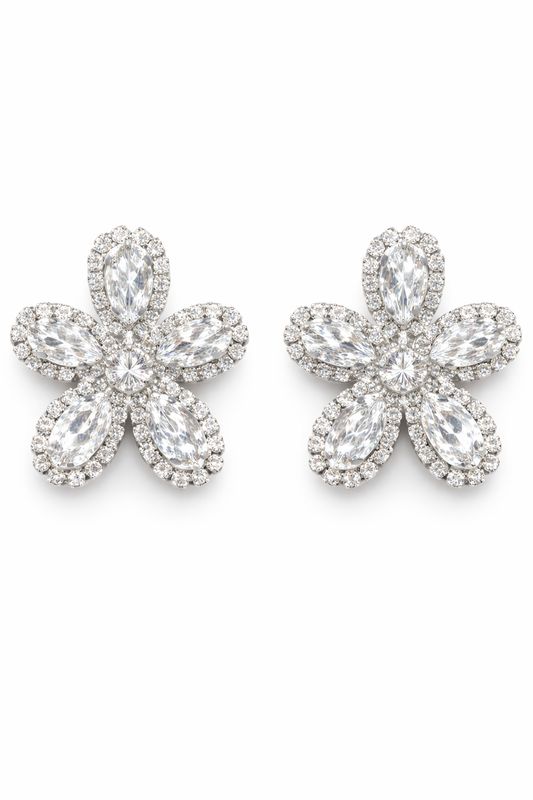 Aretes Flor Plateados con Cristales