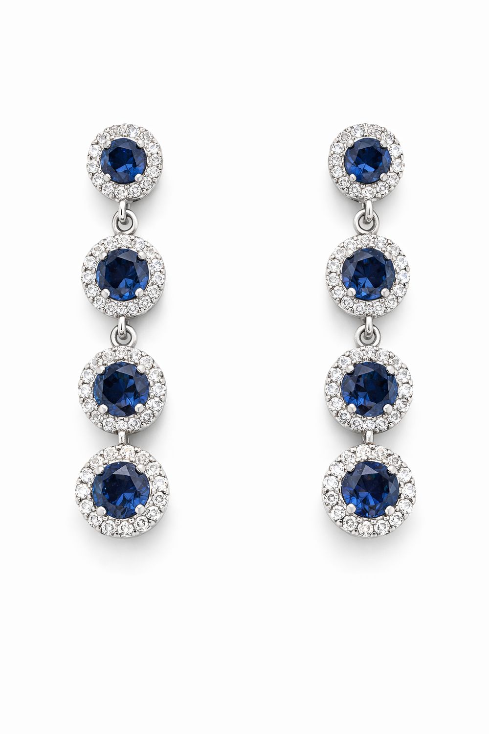 Aretes Largos Plateados con Cristales Azul Profundo