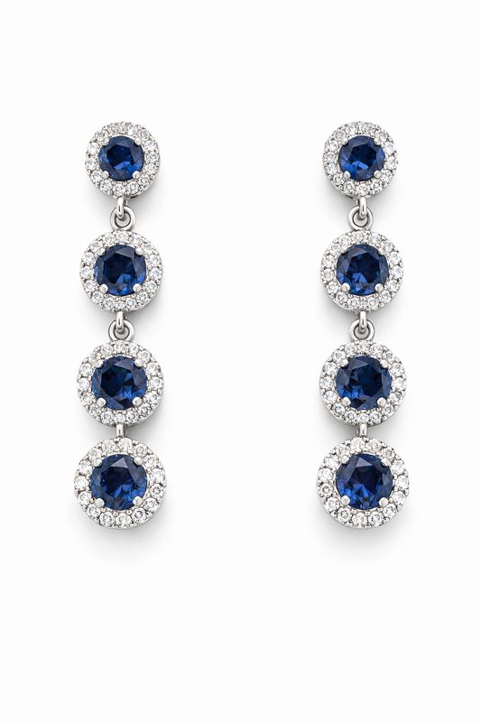 Aretes Largos Plateados con Cristales Azul Profundo