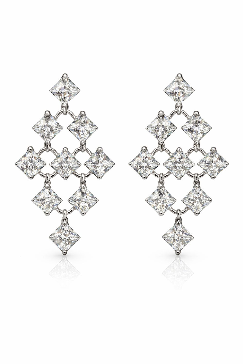 Aretes Largos de Plata con Cristales Cuadrados en Diseño Geométrico