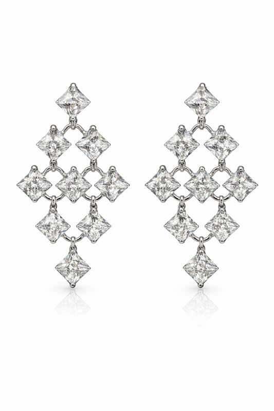 Aretes Largos de Plata con Cristales Cuadrados en Diseño Geométrico