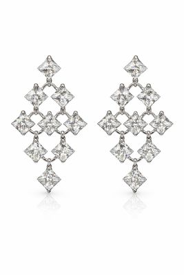 Aretes Largos de Plata con Cristales Cuadrados en Diseño Geométrico