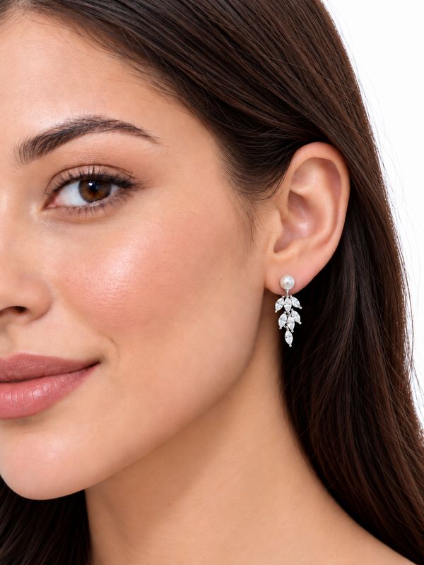 LEAF DESIGN EARRINGS WITH CENTER PEARL