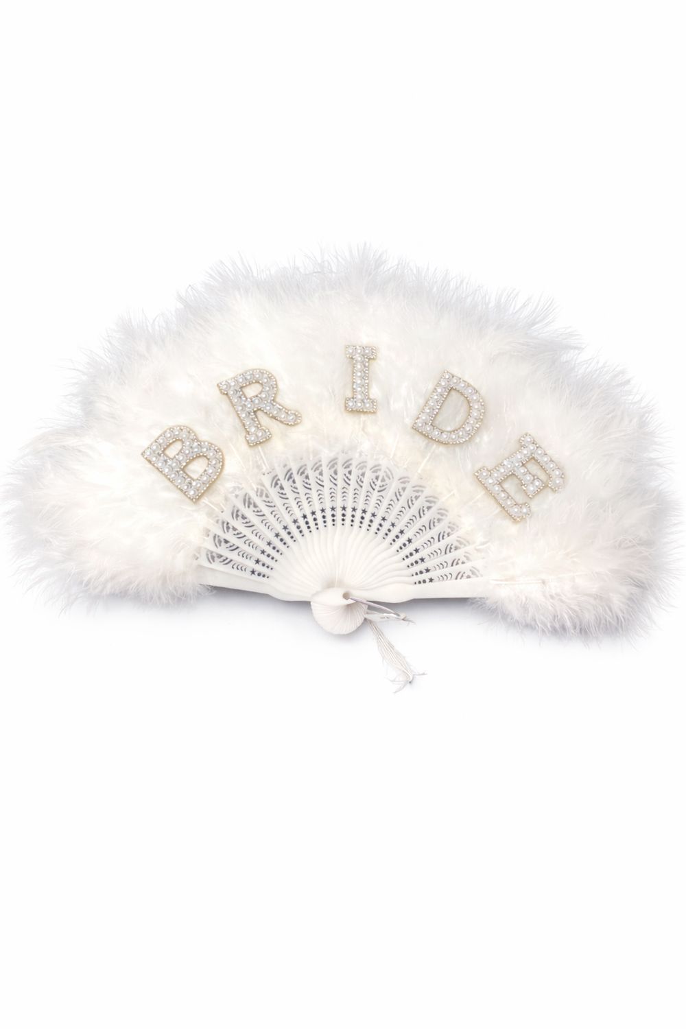 Abanico de Novia con Plumas Blancas y Letras “Bride” en Perlas y Cristales