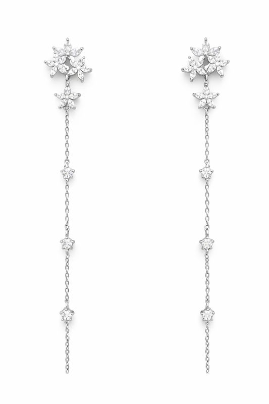 Aretes Largos Plateados Florales con Cristales