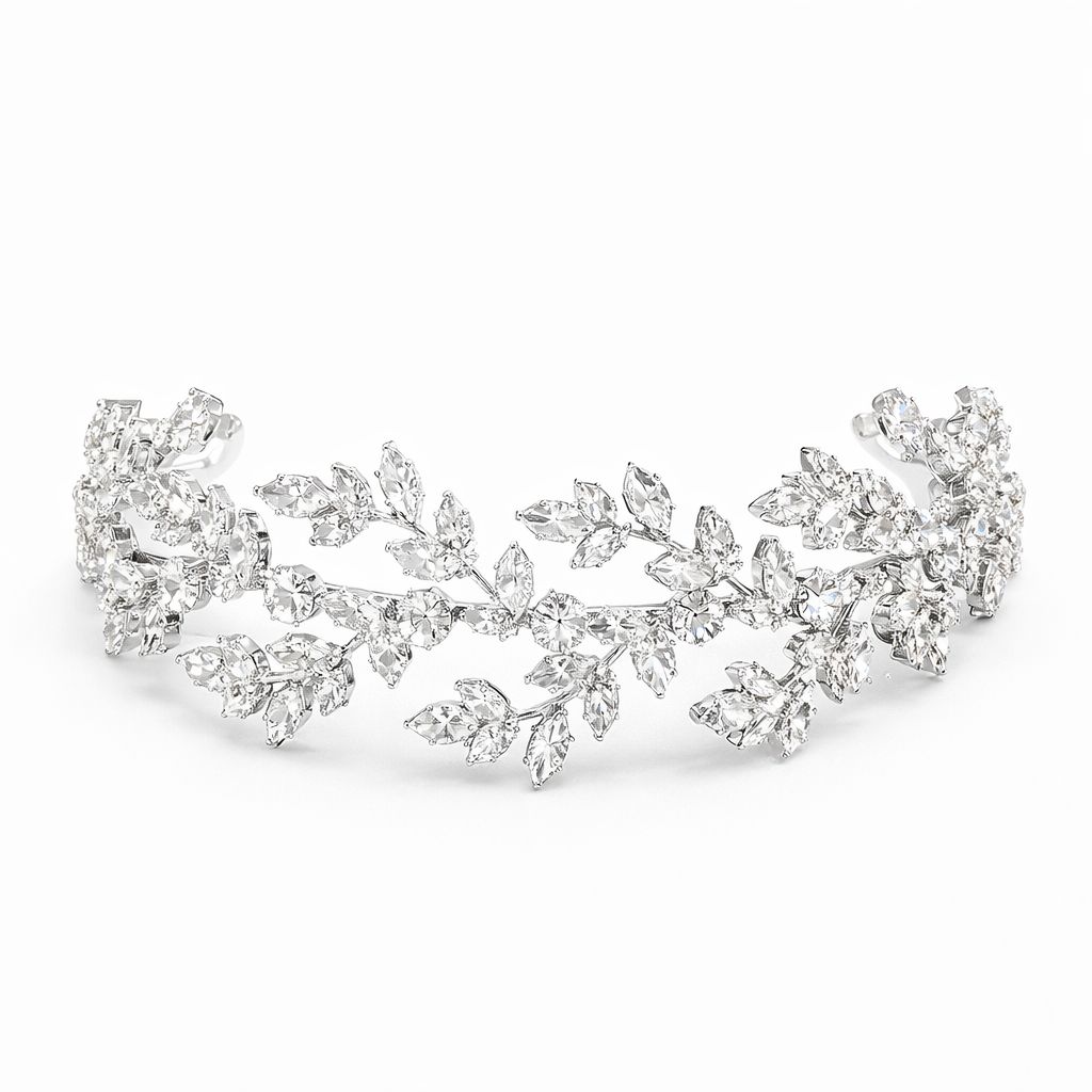 Headpiece de Novia Plateado con Cristales Florales de Lujo