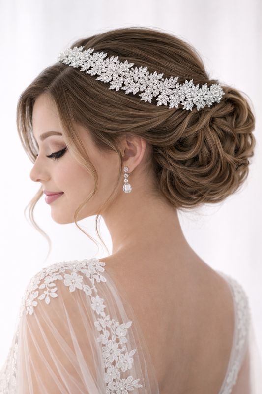 Tocado de Novia Plateado con Cristales – Diseño Floral Ancho