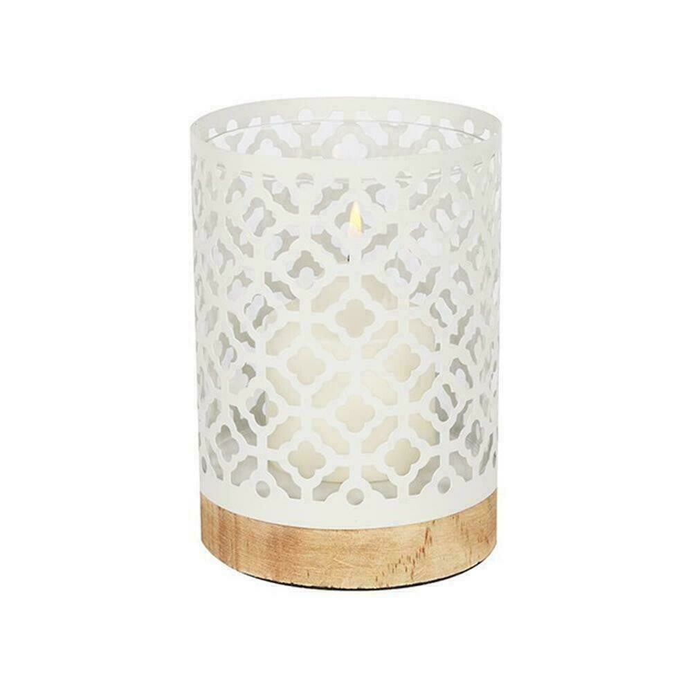 Metal Lanterns with Wood Bases - White Quatrefoil 17.5cm 
Home Decor Latest design. Candle Lantern