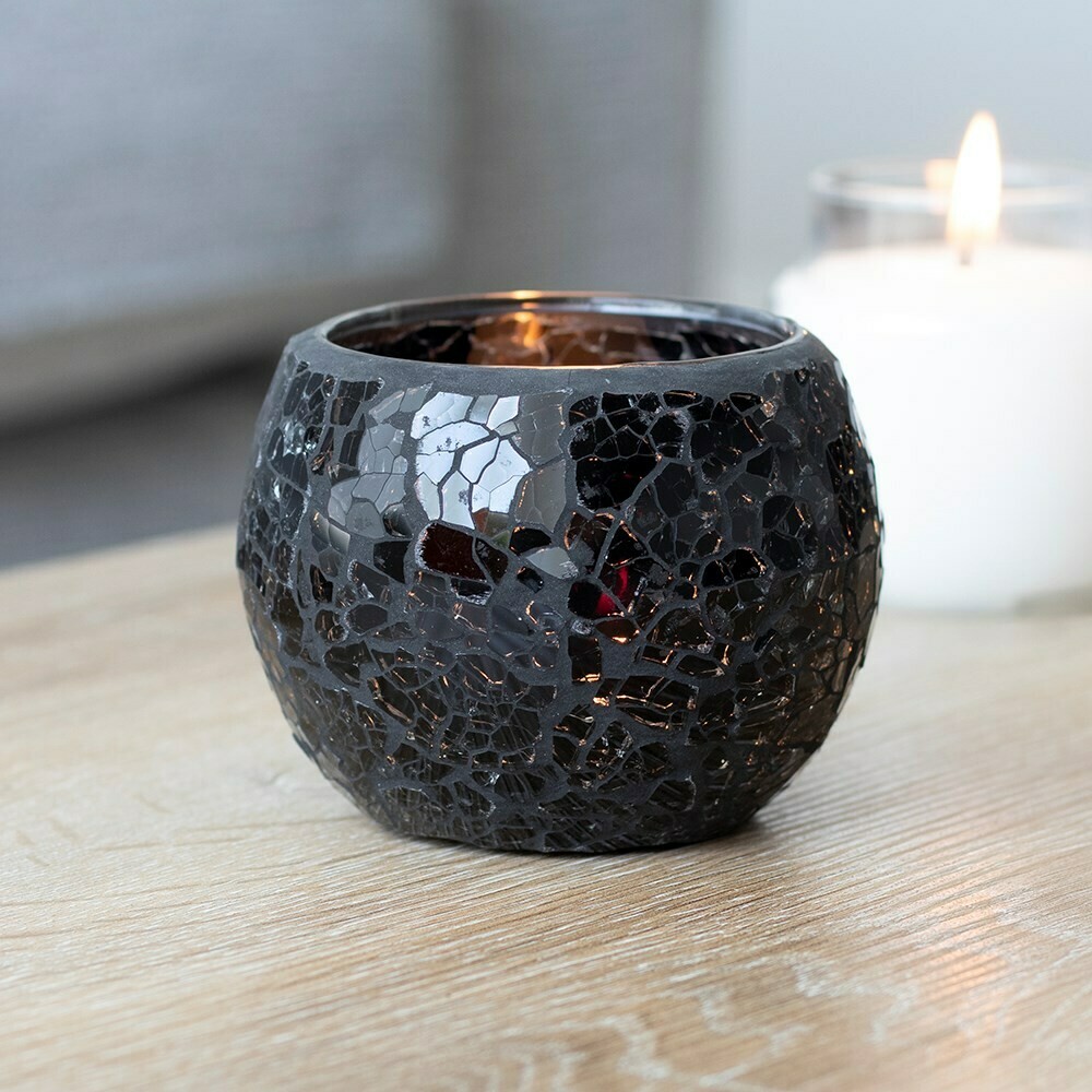 Large Luxury Round Black Crackle Glass Candle Holder