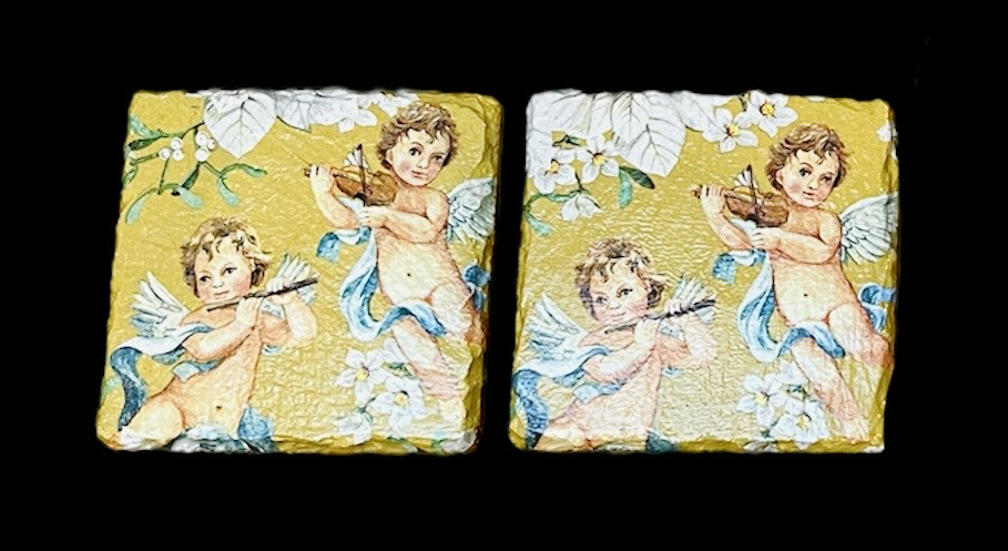 SLATE COASTER SQUARE - CHERUBS GOLD